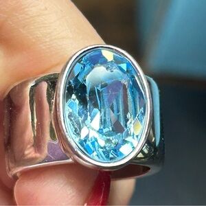 Blue Swarovski Crystal Ring Rhodium Plated Size 6
